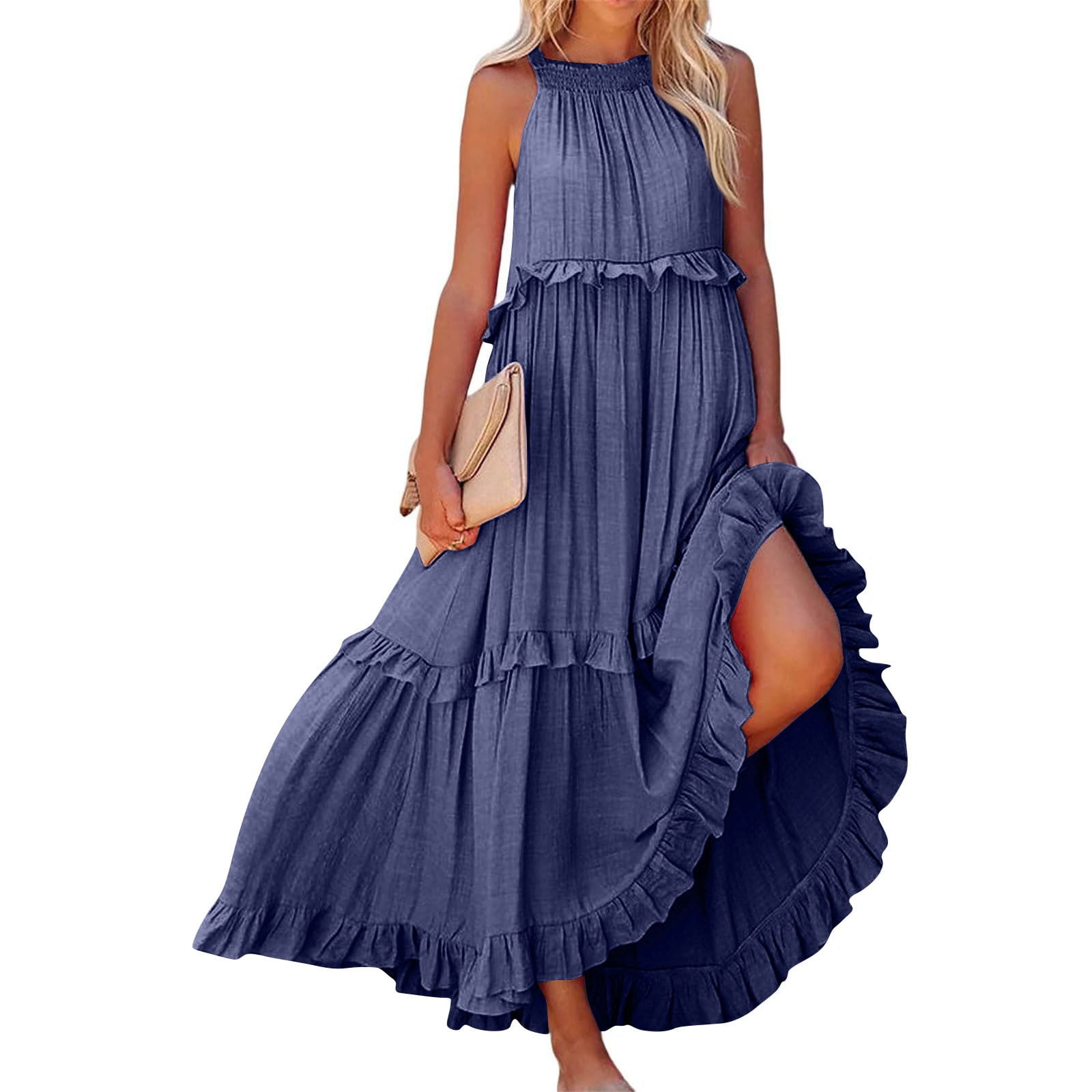 IUZSOKIL Womens Summer Dress, Cotton Sleeveless Maxi Dress with Built-in Bra, Halter Ruffles, Navy XL - Walmart.com IUZSOKIL Womens Summer Dress, Cotton Sleeveless Maxi Dress with Built-in Bra, Halter Ruffles, Navy XL - Walmart.com