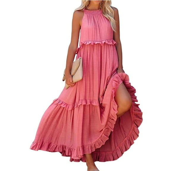 IUZSOKIL Womens Summer Dress Cotton Sleeveless Built in Bra Dress Halter Layered Ruffles Casual Boho Flowy Maxi Dress Pink 2XL