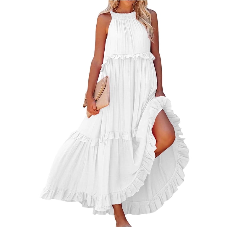 IUZSOKIL Womens Summer Sleeveless Dress Halter Tie Back Loose Built in Bra  Dress Flowy Ruffle Tiered Maxi Dress Beach Swing Long Dresses Sundress  White L - Walmart.com