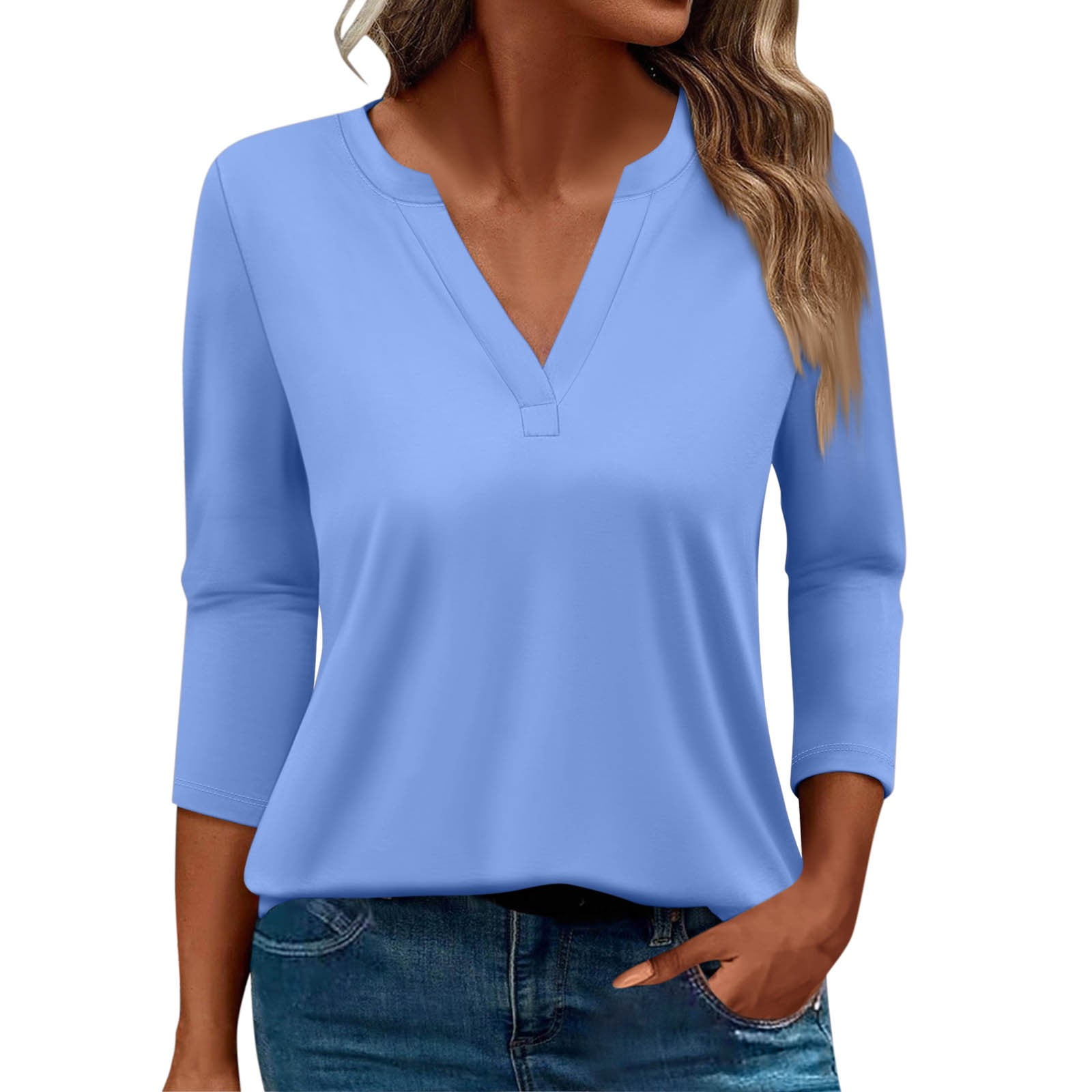 IUZSOKIL Womens Tops Dressy Casual 3/4 Sleeve Blouses V Neck Business Work Shirts  Light Blue XL - Walmart.com
