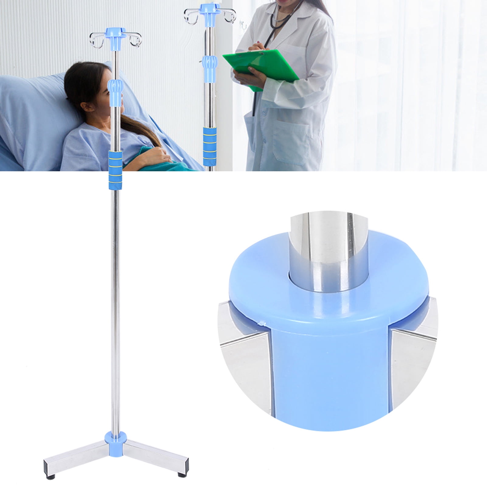 IV Bag Stand, With 4 Hooks IV Stand, Stainless Steel + Plastic For