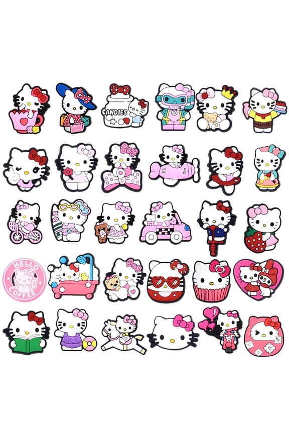 30 PCS Hello Kitty Shoe Charms, Croc Charms for Kids Boys Girls, Cartoon Decorations & Favors