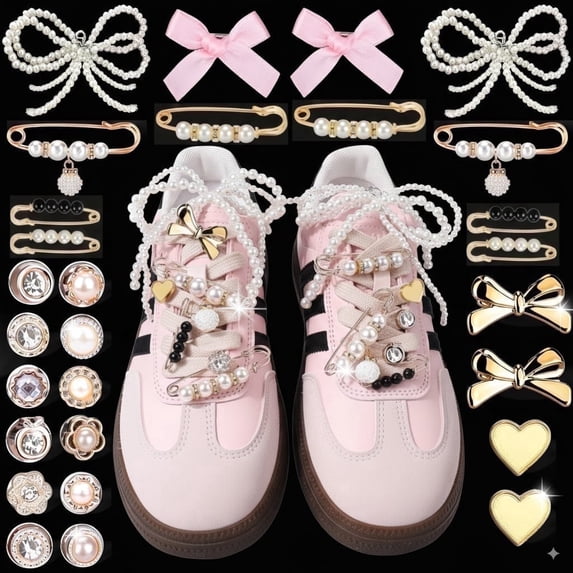 Ivasky 30 Pcs Shoe Charms for Sneakers, Shoe Charms for Girls - Bows, Clips, Pins, Jewelry, Laces, Bling, Pink, Standard, Metal ,30 Count