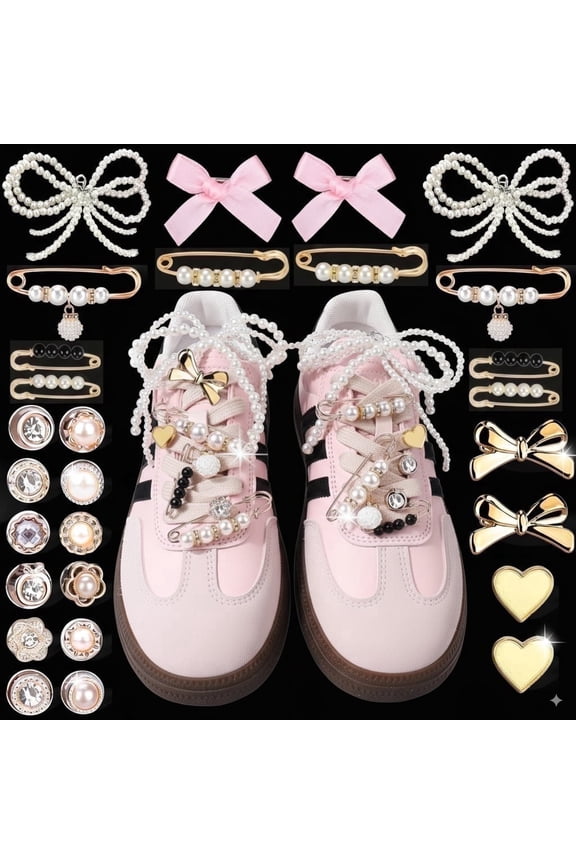 30 Pcs Shoe Charms for Sneakers, Shoe Charms for Girls - Bows, Clips, Pins, Jewelry, Laces, Bling, Pink, Standard, Metal ,30 Count