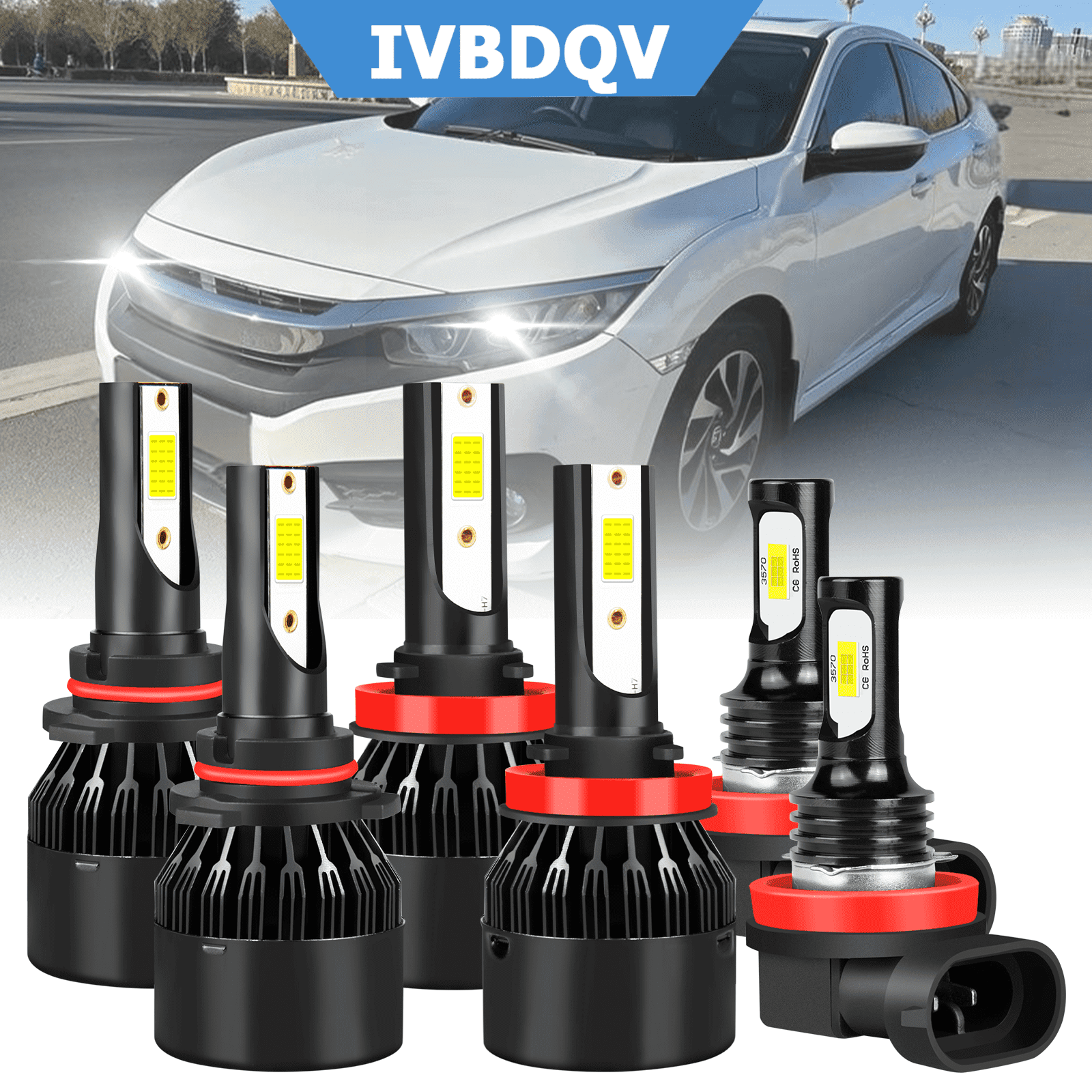 6X LED Headlight Kit Hi/Lo Beam + Fog Light Bulbs For Honda Civic 2016