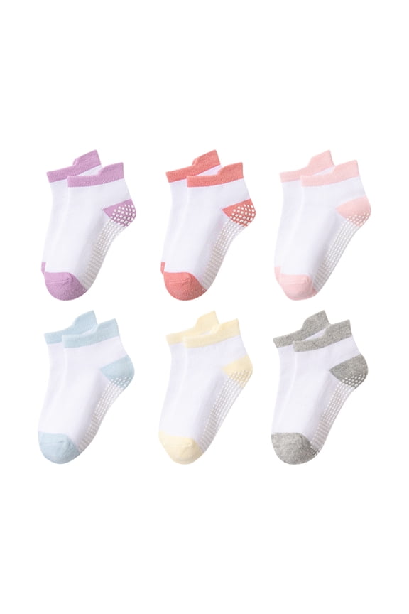 Baby Color Block Non-Slip Ankle Socks 6-Pack Soft Cotton Anti-Skid Gripper Floor Socks for Toddlers Kids 0-5 Years