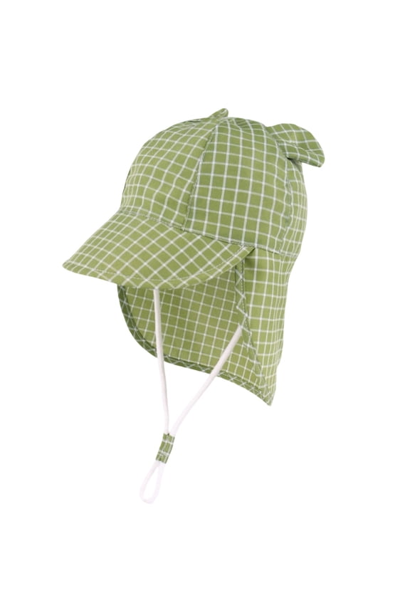 Baby Sun Hat with Bear Ears Beige Grid Print Neck Flap Adjustable Chin Strap UV Protection for Infants 1-4 Years Hat