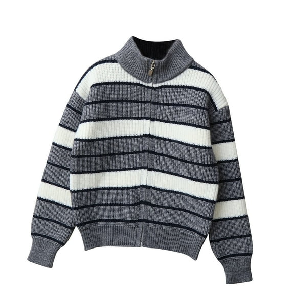 IVEYRTF Big Boys Girls Knit Cardigan Zipper Solid Color Stripe Cozy Fall Winter Casual Warmth Outerwear Sweater for Kids 5-14 Years(Gray#1,13 Years)