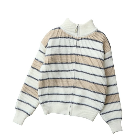 IVEYRTF Big Boys Girls Knit Cardigan Zipper Solid Color Stripe Cozy Fall Winter Casual Warmth Outerwear Sweater for Kids 5-14 Years(White#1,5 Years)