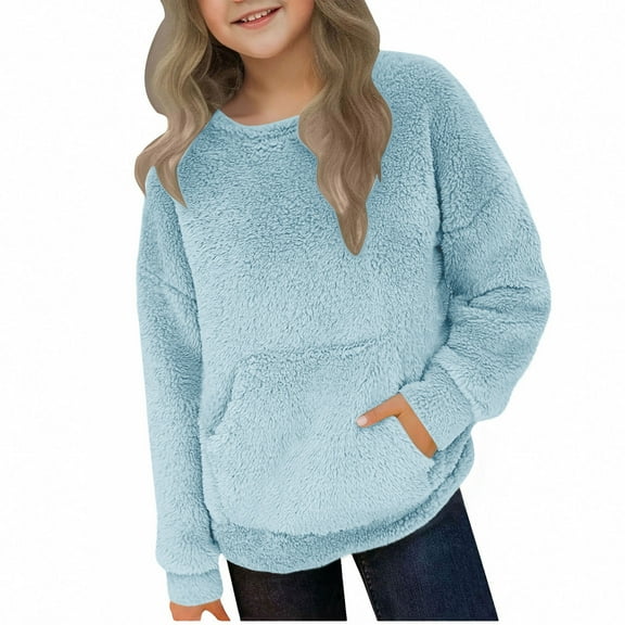 IVEYRTF Big Girls Fleece Pullover Long Sleeve Round Neck Sweatshirt Kids Tops Soft Comfortable Loose Fits Solid Color with Pocket for Casual Wear Home Daily(Blue,4 Years)