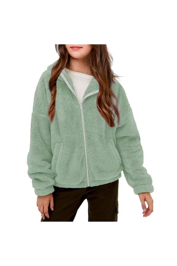 Big Kids Boys Girls Double-Faced Fleece Jacket Plush Lined Winter Warm Zipper Hoodless Coat with Pockets for Children 4-14 Years(Green,7-8 Years)
