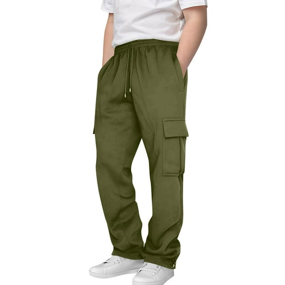 IVEYRTF Boys Cargo Pants Multi-Pocket Drawstring Trousers Kids Casual Jogger Solid Color Loose Active Bottoms(Army Green#2,13 Years)