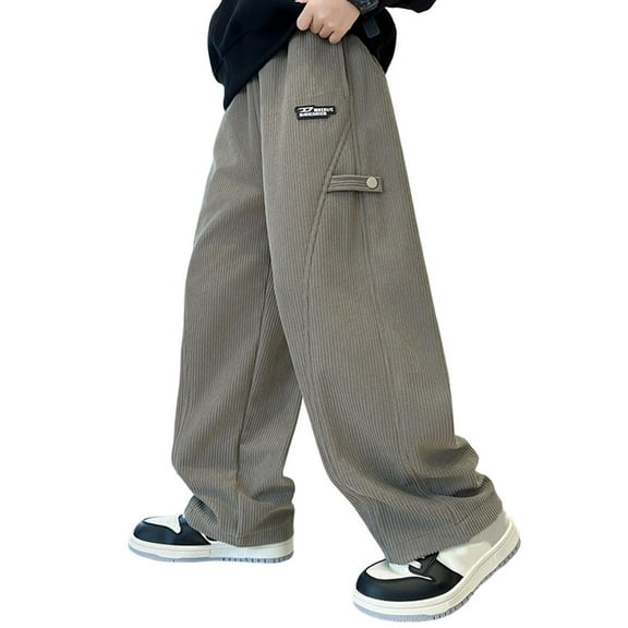 IVEYRTF Boys Corduroy Pants Straight Leg Casual Sports Fall Winter Fleece-Lined Comfortable Loose Trousers Kids Everyday Wear Pants(Khaki#1,13-14 Years)