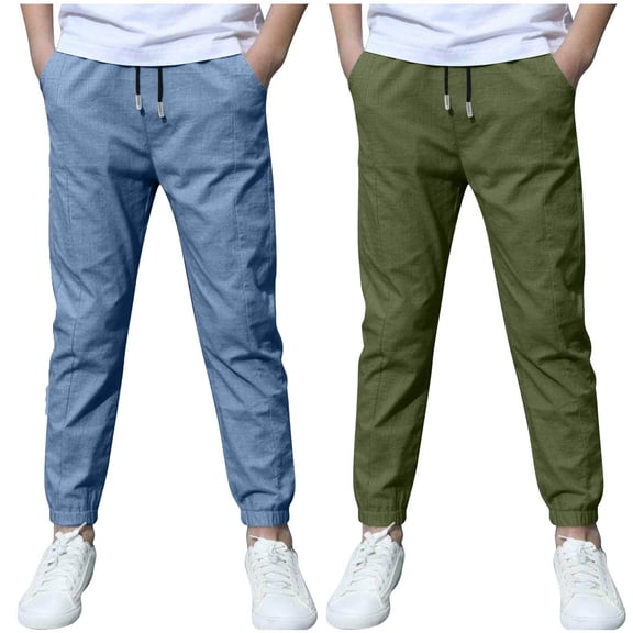 IVEYRTF Boys Cotton Linen 2 PC Set Children Fashion Solid Color Casual Pants Outfit Breathable Spring Summer Soft Everyday Trousers for Kids(Blue,7 Years)