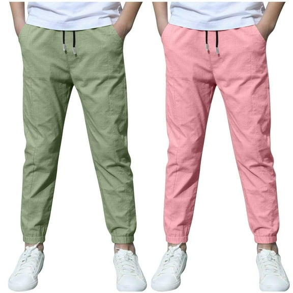 IVEYRTF Boys Cotton Linen 2 PC Set Children Fashion Solid Color Casual Pants Outfit Breathable Spring Summer Soft Everyday Trousers for Kids(Green,7 Years)