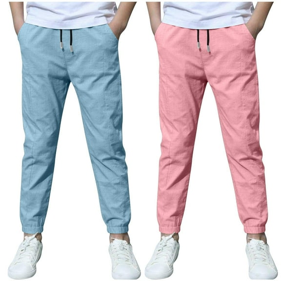 IVEYRTF Boys Cotton Linen 2 PC Set Children Fashion Solid Color Casual Pants Outfit Breathable Spring Summer Soft Everyday Trousers for Kids(Pink,9 Years)