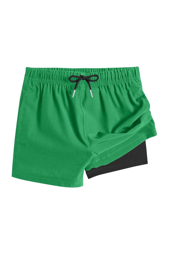 Boys Double Layer Swim Trunks with Quick Dry Fabric Adjustable Drawstring and Elastic Waistband Kids Breathable Summer Water Play Swimwear Bottoms(Green,8 Years)