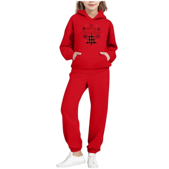 IVEYRTF Boys Girls 2 PC Set Christmas Print Hooded Sweatshirt and Pants Set Long Sleeve Fleece Lined Casual Fall Winter Activewear Outfit for Kids(Red,2 Years)