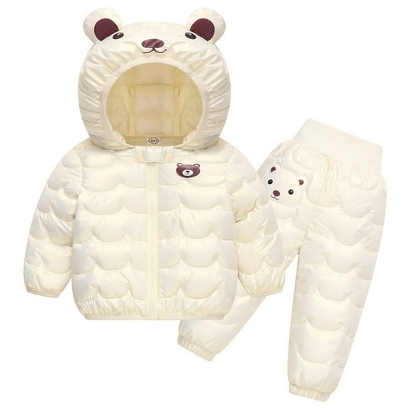 IVEYRTF Boys Girls Bear Print Thermal Fleece-Lined Hooded Jacket and Pants Set Thickened Warm Windproof Fall Winter 2-Piece Outfit for Kids 1-4 Years(Beige,9 Months)