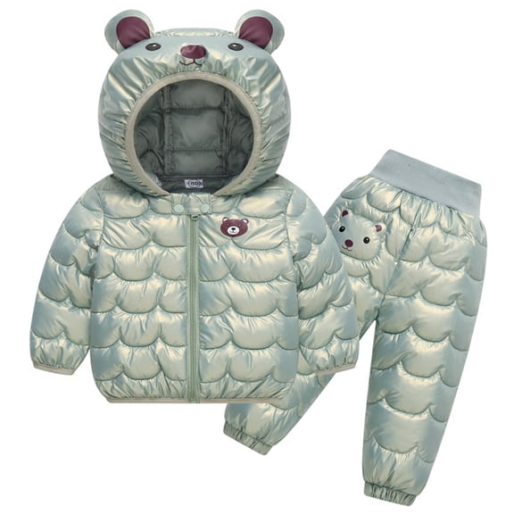 IVEYRTF Boys Girls Bear Print Thermal Fleece-Lined Hooded Jacket and Pants Set Thickened Warm Windproof Fall Winter 2-Piece Outfit for Kids 1-4 Years(Green,6 Months)