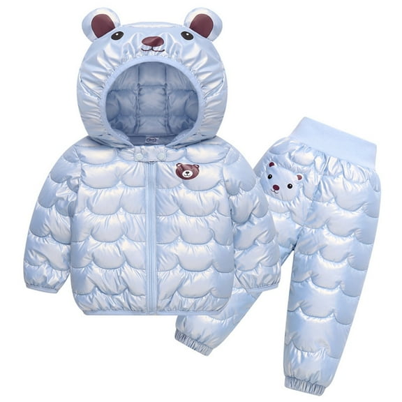 IVEYRTF Boys Girls Bear Print Thermal Fleece-Lined Hooded Jacket and Pants Set Thickened Warm Windproof Fall Winter 2-Piece Outfit for Kids 1-4 Years(Light Blue,9 Months)