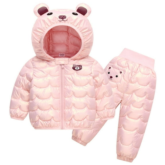 IVEYRTF Boys Girls Bear Print Thermal Fleece-Lined Hooded Jacket and Pants Set Thickened Warm Windproof Fall Winter 2-Piece Outfit for Kids 1-4 Years(Pink,9 Months)