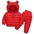 thumbnail image 1 of IVEYRTF Boys Girls Bear Print Thermal Fleece-Lined Hooded Jacket and Pants Set Thickened Warm Windproof Fall Winter 2-Piece Outfit for Kids 1-4 Years(Red,2 Years), 1 of 2
