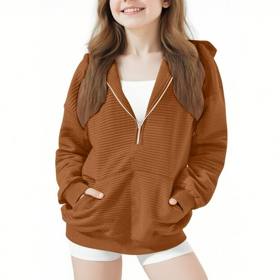 IVEYRTF Boys Girls Zip Up Hoodie Casual Jacket Long Sleeve Top with Pockets Full Zip Front Closure Kids Sweatshirt for Daily Wear School Travel Cold Weather(Brown,9-10 Years)