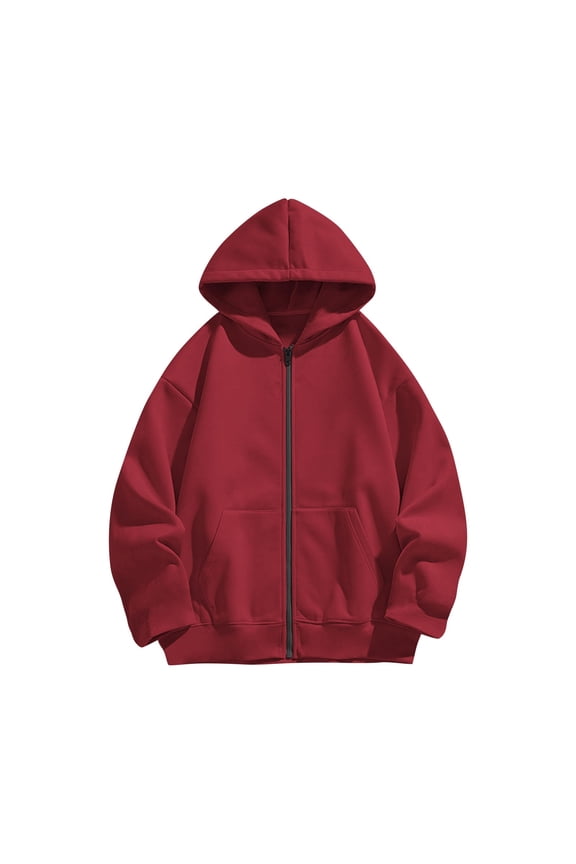 Boys Girls Zip Up Hoodie Casual Jacket Long Sleeve Top with Pockets Full Zip Front Closure Kids Sweatshirt for Daily Wear School Travel Cold Weather(Red#1,5-6 Years)