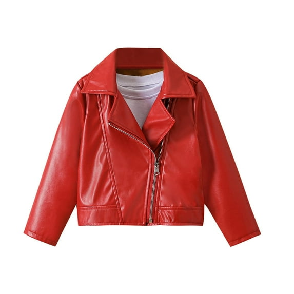 IVEYRTF Boys Solid Color Leather Jacket Long Sleeve Outerwear Turn Down Collar Coat Fashionable Winter Wear for Children Comfortable Breathable Soft Fabric(Red,2-3 Years)