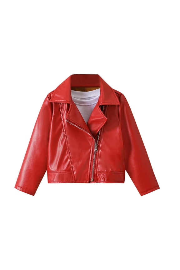 Boys Solid Color Leather Jacket Long Sleeve Outerwear Turn Down Collar Coat Fashionable Winter Wear for Children Comfortable Breathable Soft Fabric(Red,4-5 Years)