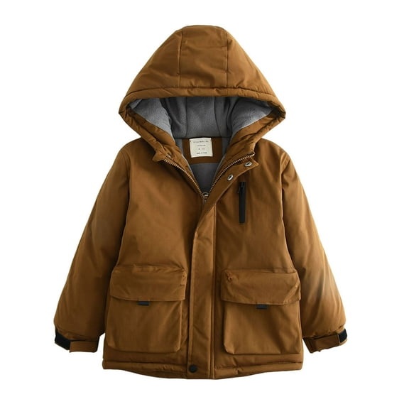 IVEYRTF Boys Winter Hooded Jacket with Pockets Faux Fleece Lined Thick Coat for Cold Weather Warm Outerwear for Big Kids Youth Thermal Hoodie(Brown#1,4-5 Years)