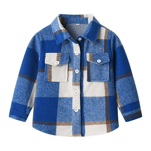 IVEYRTF Children Boys Girls Classic Flannel Button Shirt Jacket Plaid Long Sleeve Lapel Shacket Soft Fall Tops for Kids 1-9 Years(Blue#3,6 Years)