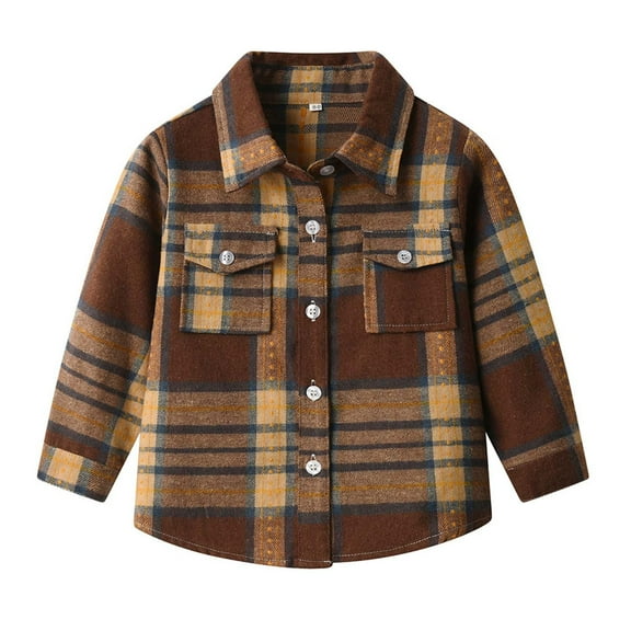 IVEYRTF Children Boys Girls Classic Flannel Button Shirt Jacket Plaid Long Sleeve Lapel Shacket Soft Fall Tops for Kids 1-9 Years(Brown#1,8 Years)