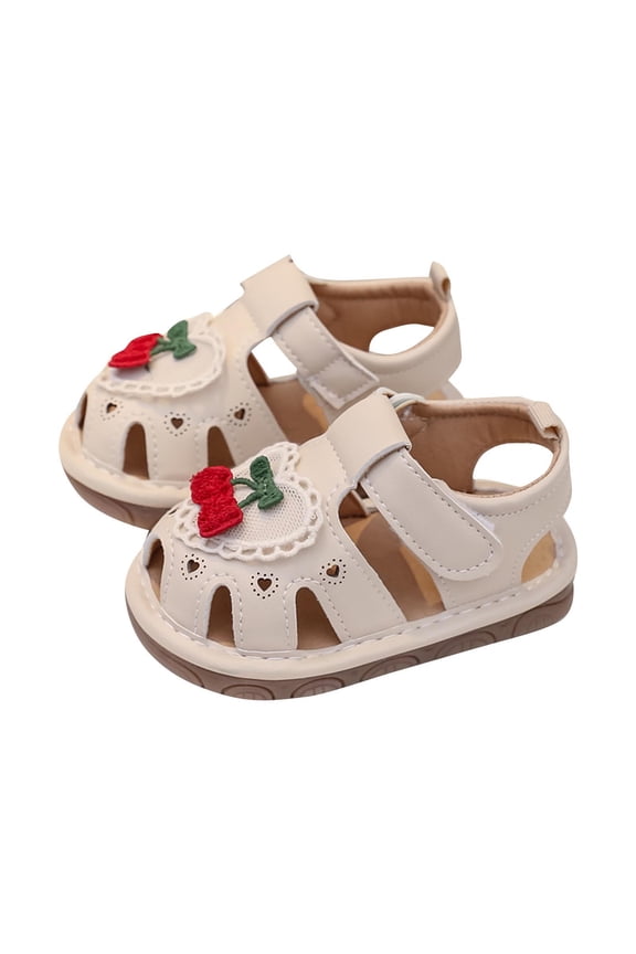 Children Cherry Pattern Squeaker Sandals Hook and Loop Closure Comfortable Breathable Soft Sole Non Slip Outdoor Shoes for Kids Activities(Beige,3-6 Months)