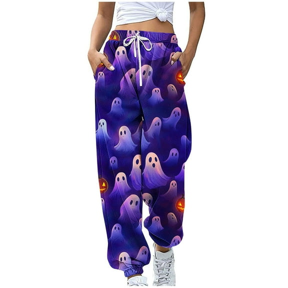 IVEYRTF Children's Halloween Print Cargo Pants Joggers Fall Winter Elastic Waistband Multiple Pockets Fleece-Lined Thickened Casual Sports Trousers for Kids 3-14 Years(Purple#1,3-4 Years)