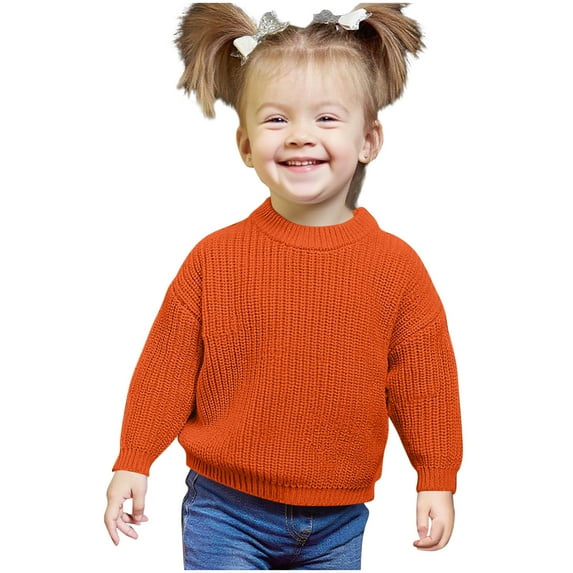 IVEYRTF Children's Winter Solid Color Long Sleeve Round Neck Casual Comfortable Elastic Sweater Base Top for Kids 1-8 Years(Orange,3-4 Years)