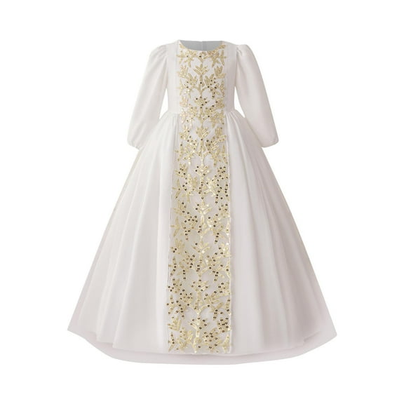 IVEYRTF Childrens Fashion Muslim Princess Dress Embroidery Gold Plated Long Sleeve V Neck Loose Robe Party Fashion Show Wedding Wear for Girls(White#2,5 Years)