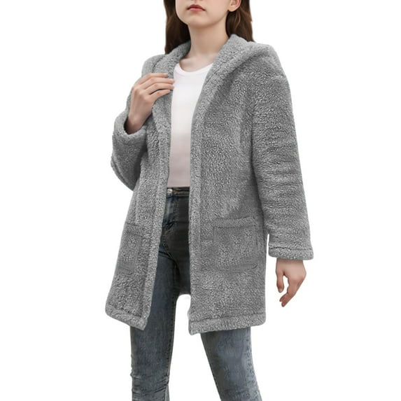 IVEYRTF Childrens Girls Solid Color Hooded Cardigan Long Sleeve Jacket with Pockets Soft Breathable Casual Outerwear for Everyday Play and Outdoor Activities(Gray,12 Years)