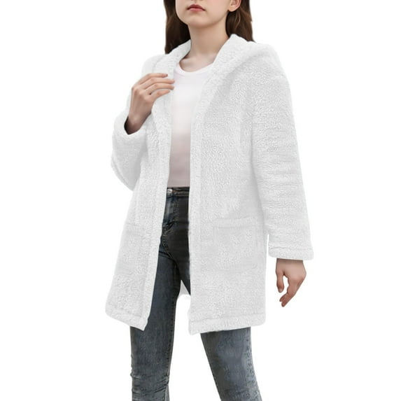 IVEYRTF Childrens Girls Solid Color Hooded Cardigan Long Sleeve Jacket with Pockets Soft Breathable Casual Outerwear for Everyday Play and Outdoor Activities(White,11 Years)
