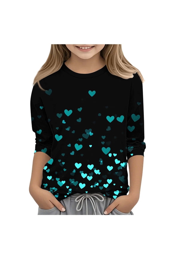 Childrens Heart Print 3/4 Sleeve Round Neck Top Casual Everyday Shirt for Kids Boys Girls Valentine Themed Graphic Tee Comfortable Soft Breathable Daily Wear Birthday(Blue#2,11-12 Years)
