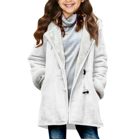 IVEYRTF Childrens Hooded Jacket Winter Faux Fleece Lined Warm Outerwear Kids Coats for Cold Weather Boys Girls Casual Daily Wear Printed Tops(White,14 Years)