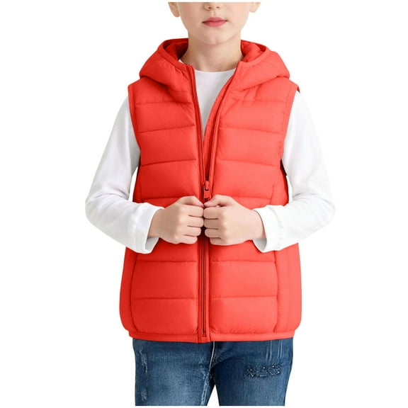 IVEYRTF Childrens Hooded Sleeveless Tops Fall Winter Warm Zipper Jacket with Pockets Solid Color Outerwear for Kids Casual Pullover Sleeveless Coat(Orange,12 Years)