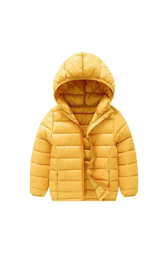 Childrens Lightweight Hooded Jacket for Cold Weather Outdoor Activities Polyester Fiber Filled Winter Coat for Boys and Girls Comfortable Casual Wear for School Play(Yellow,14-16 Years)