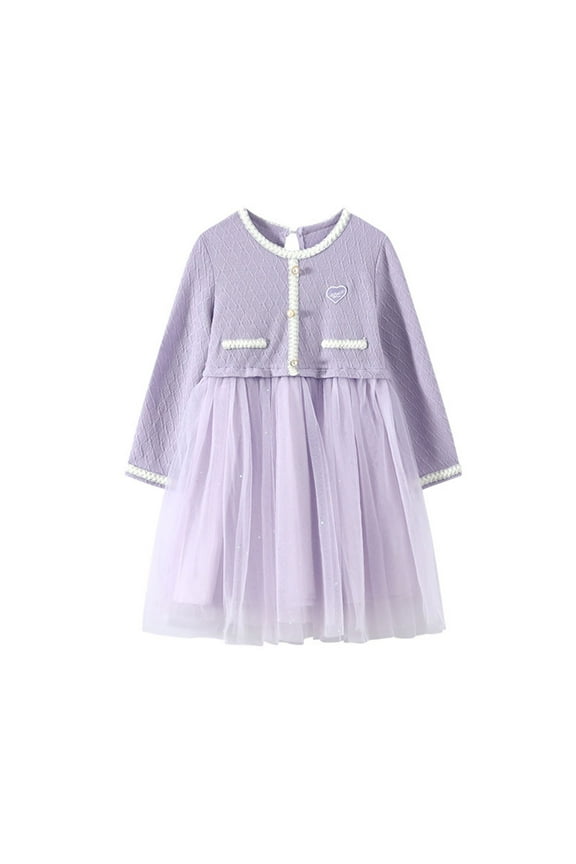 Childrens Long Sleeve Boucle Dress French Princess Ball Gown Dress Girl Soft Breathable Gauze Dresses Mesh Pleated Party Wear for Girls(Purple,5 Years)