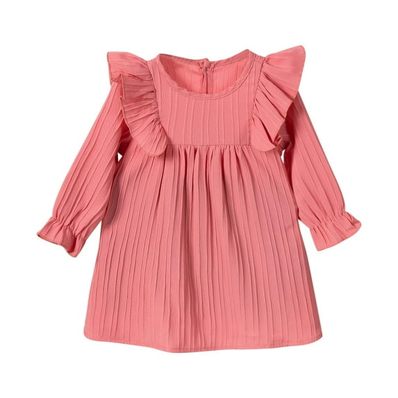 IVEYRTF Childrens Long Sleeve Round Neck Casual Dress Soft Everyday Play Outfit for Girls Toddler Solid Color Comfortable Apparel Party Wear(Watermelon Red,1-2 Years)
