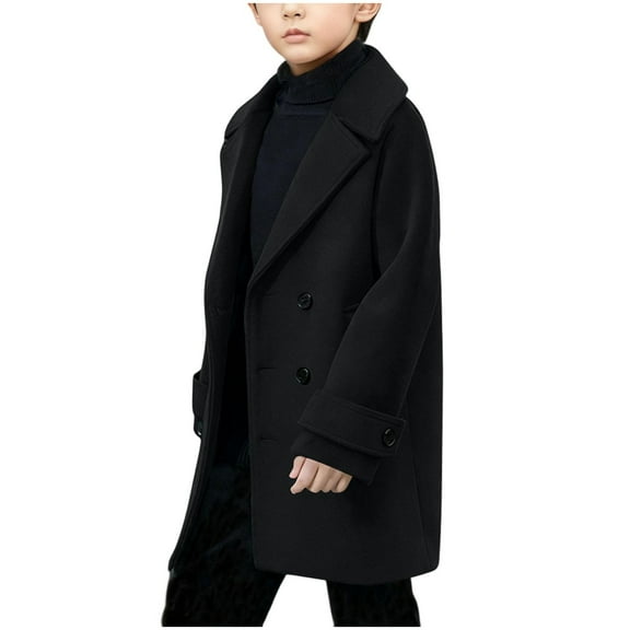 IVEYRTF Childrens Solid Color Button Long Sleeve Coat Mid Long Length Open Front Jacket Winter Warm Outerwear Casual Pocket Coat for Kids Boys and Girls(Black#2,7 Years)