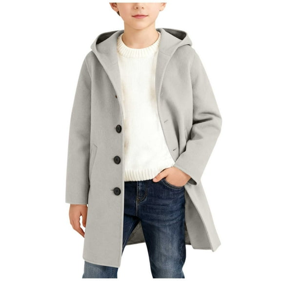 IVEYRTF Childrens Solid Color Button Long Sleeve Coat Mid Long Length Open Front Jacket Winter Warm Outerwear Casual Pocket Coat for Kids Boys and Girls(Gray#3,9 Years)