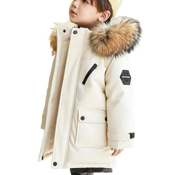 IVEYRTF Childrens Solid Color Hooded Quilted Jacket Mid Length Coat with Pockets Warm Thickened Winter Outerwear for Boys and Girls Casual Puffer Coat Cold Weather(Beige,11-12 Years)