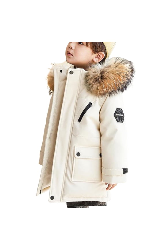 Childrens Solid Color Hooded Quilted Jacket Mid Length Coat with Pockets Warm Thickened Winter Outerwear for Boys and Girls Casual Puffer Coat Cold Weather(Beige,11-12 Years)